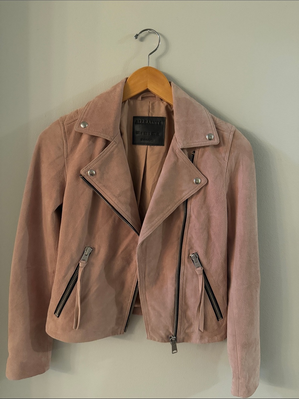 All Saints Women’s Pink Suede Dalby Biker/Moto Jacket